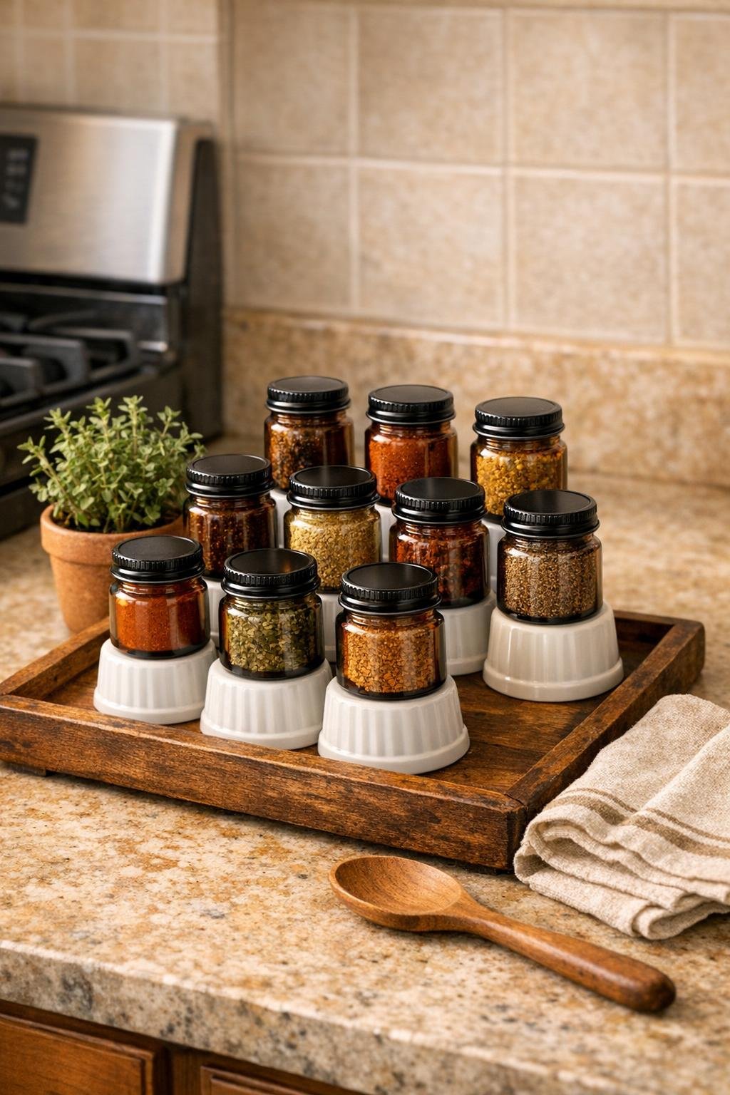 Finished spice jar riser display on a kitchen counter