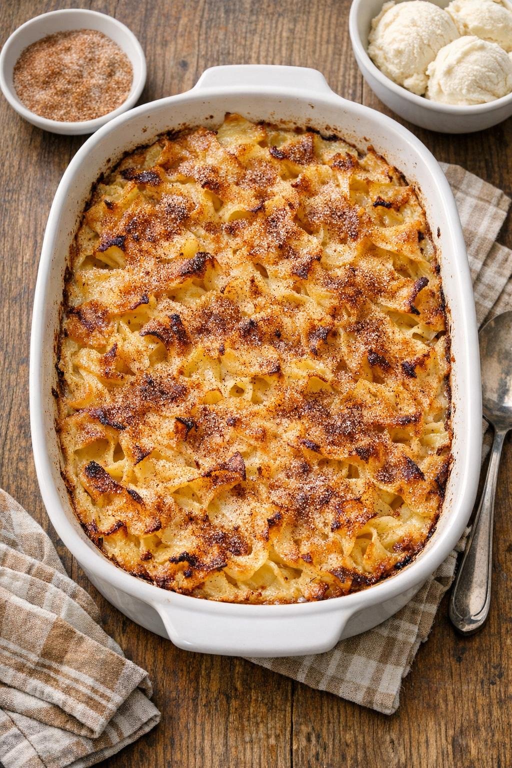 Finished baked noodle dessert in a casserole dish