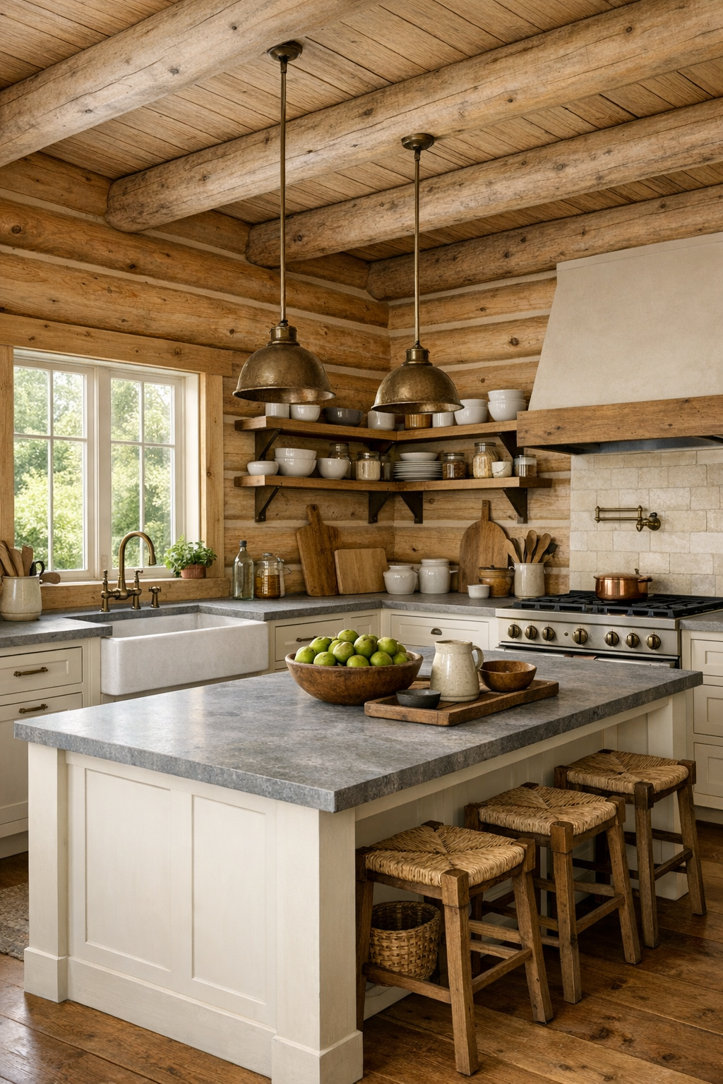 Kitchen with soft painted cabinetry, stone counters, and a large island in a pale log home
