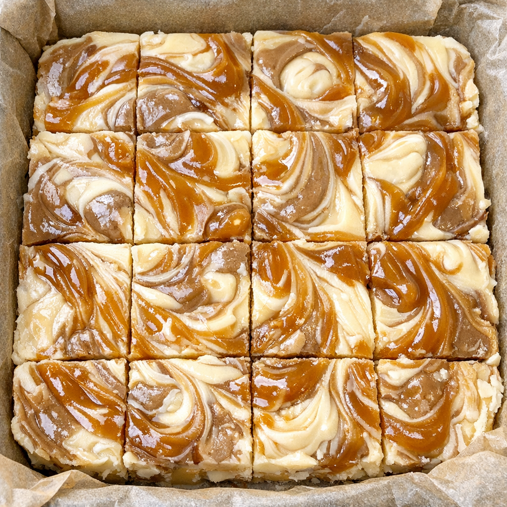 Slow cooker iced caramel macchiato fudge in a parchment-lined baking sheet