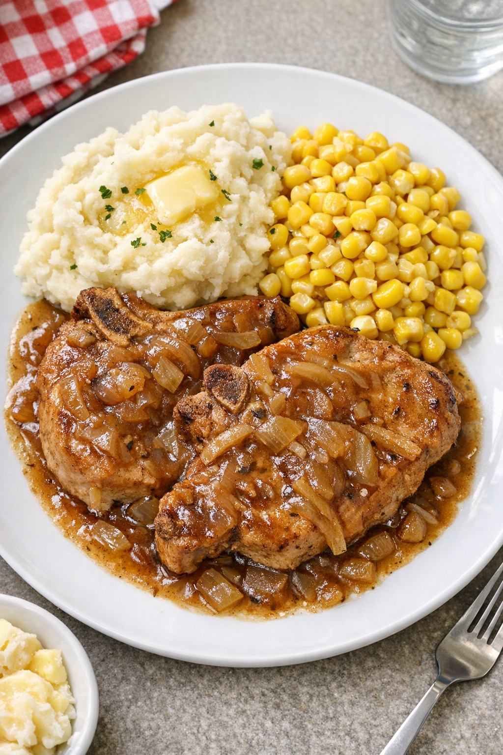 Finished slow cooker pork chops plated with sauce