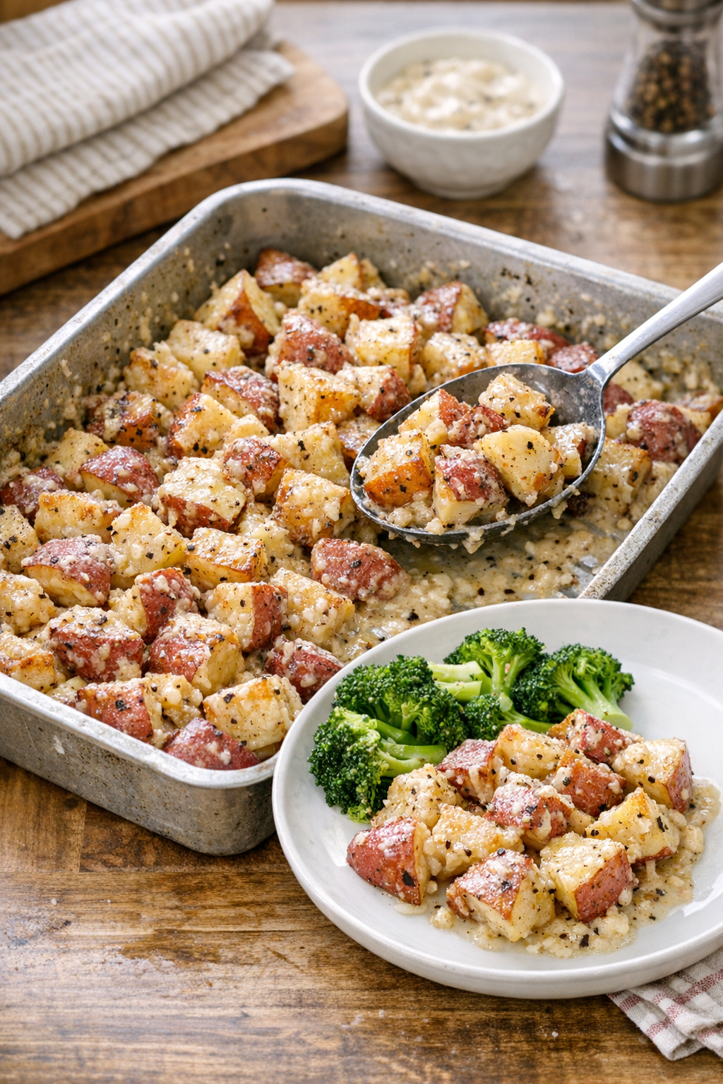 Finished creamy slaw roasted red potatoes in a baking dish