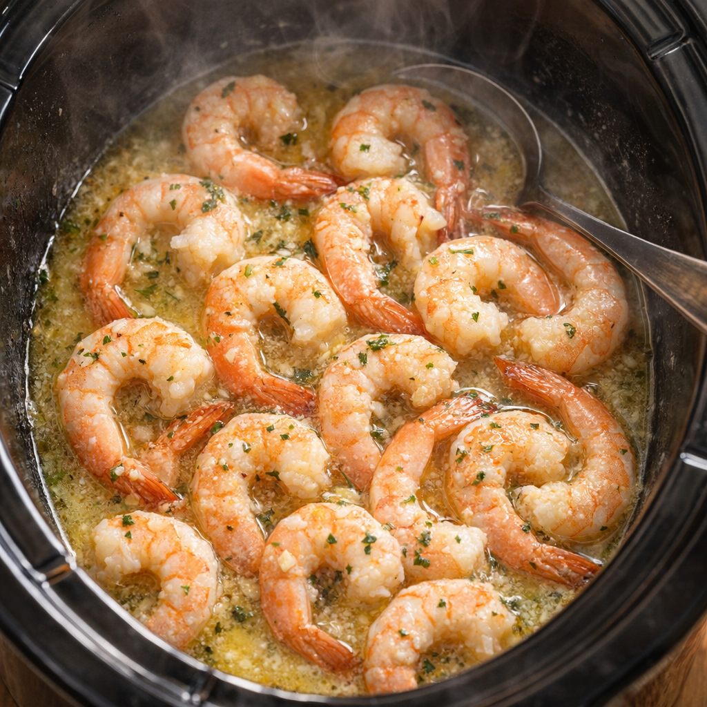 Cooked shrimp in garlic butter inside the slow cooker