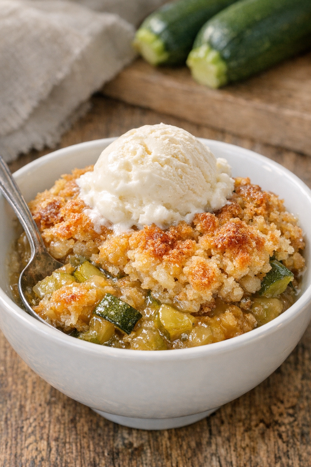 Finished zucchini cobbler in a serving dish