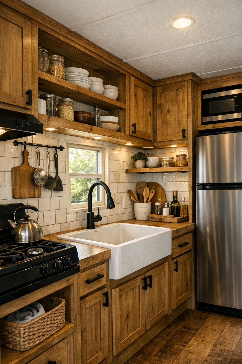 Warm rustic kitchen with wood cabinetry, stone-inspired counters, and black hardware