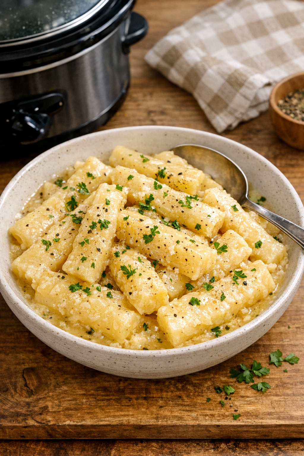 Finished slow cooker potato dish in a serving bowl