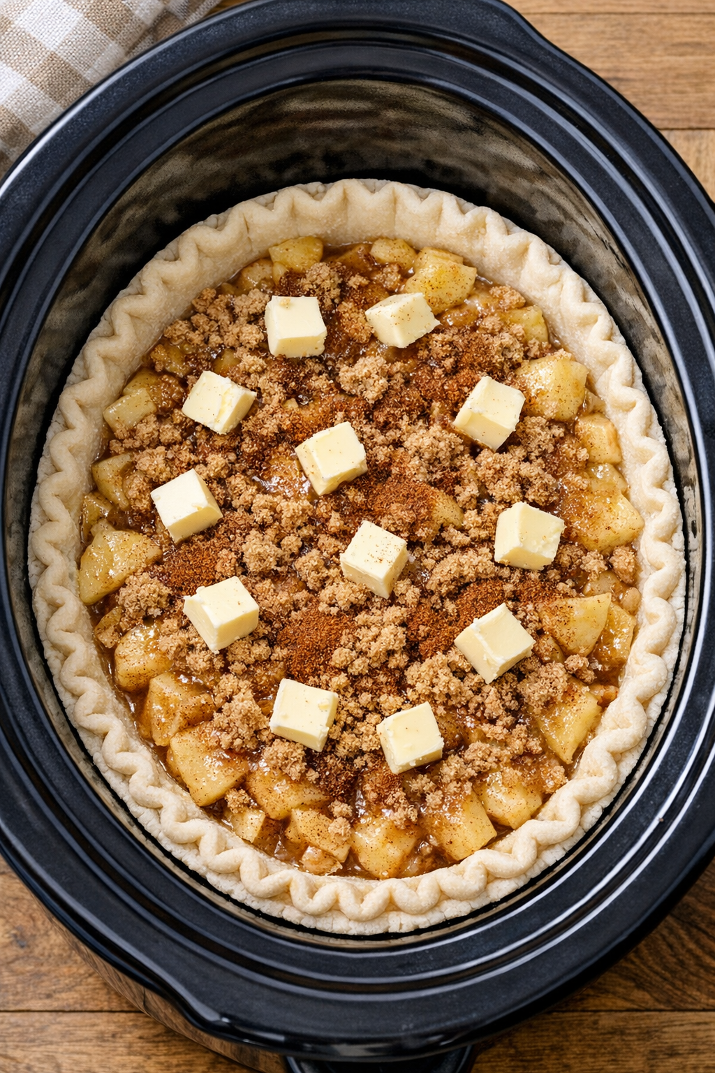 Apple filling added to pie crust in slow cooker