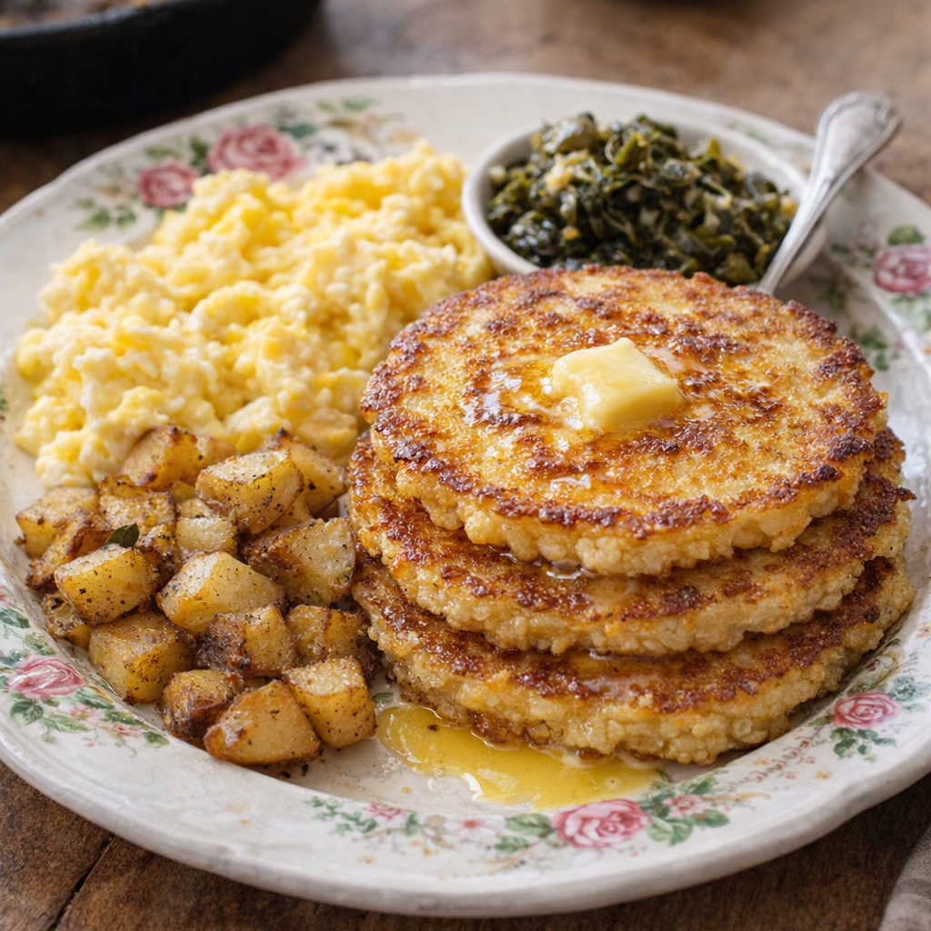 Hoecakes served with eggs and country breakfast sides