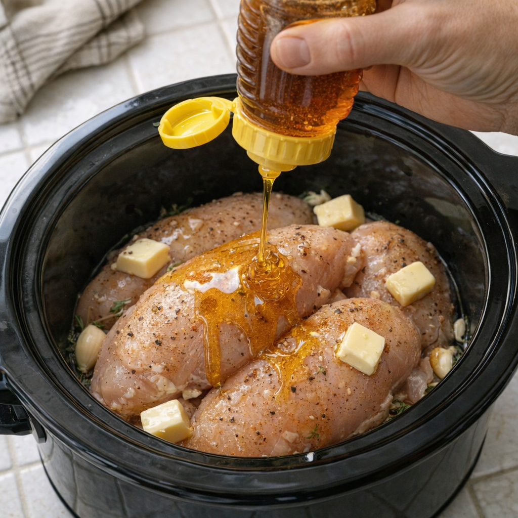 Honey drizzled over chicken in a slow cooker
