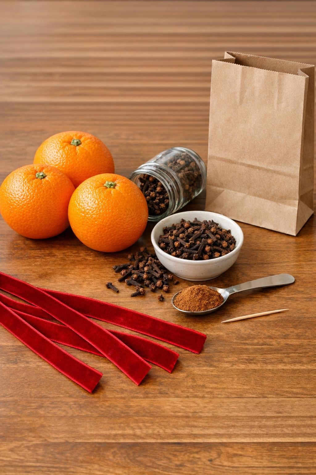 Materials laid out for making clove pomanders