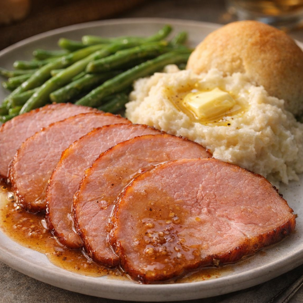 Family-style plate of glazed ham with mashed potatoes and green beans