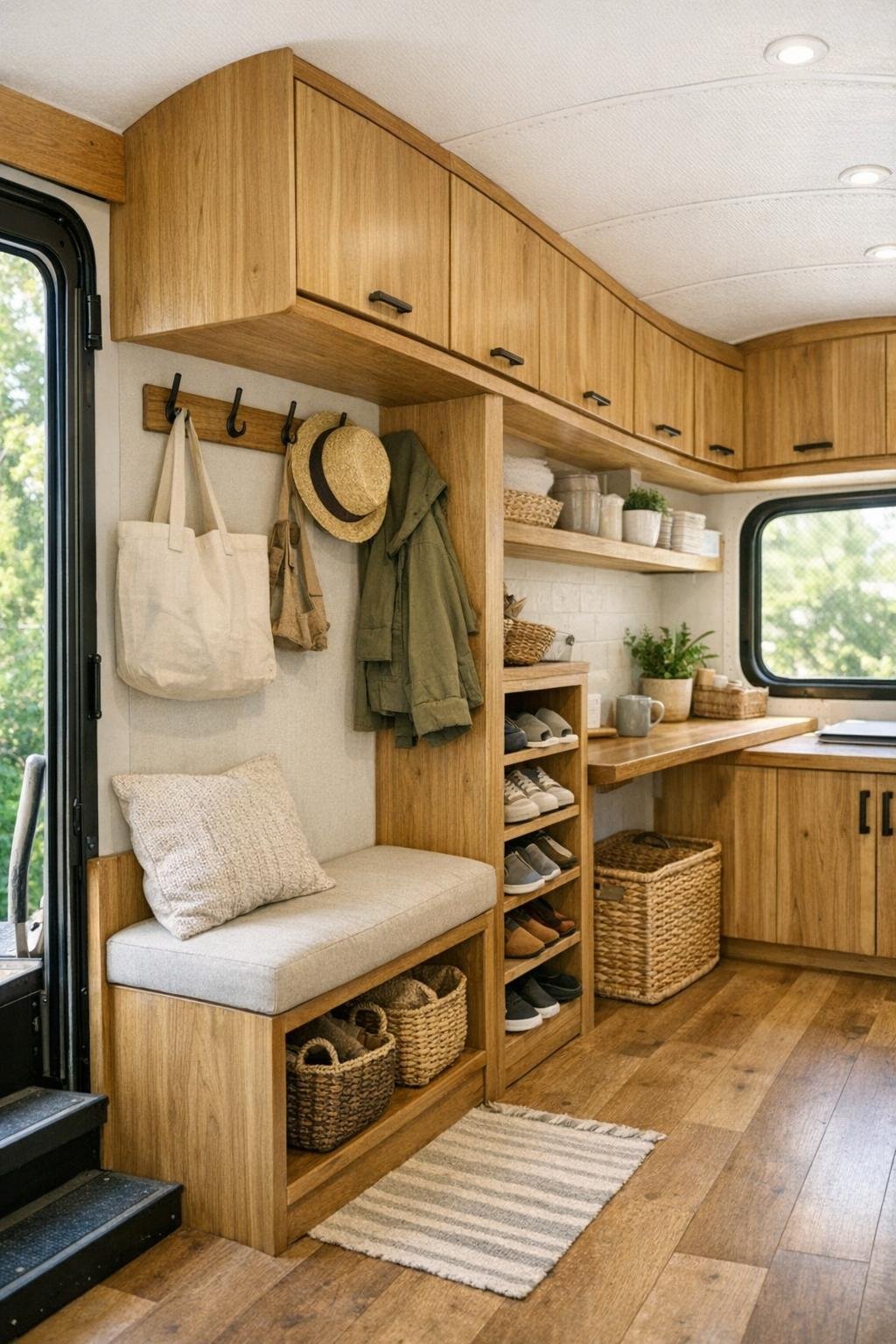 Smart storage and entry area in a converted bus with hooks, bench, and built-ins