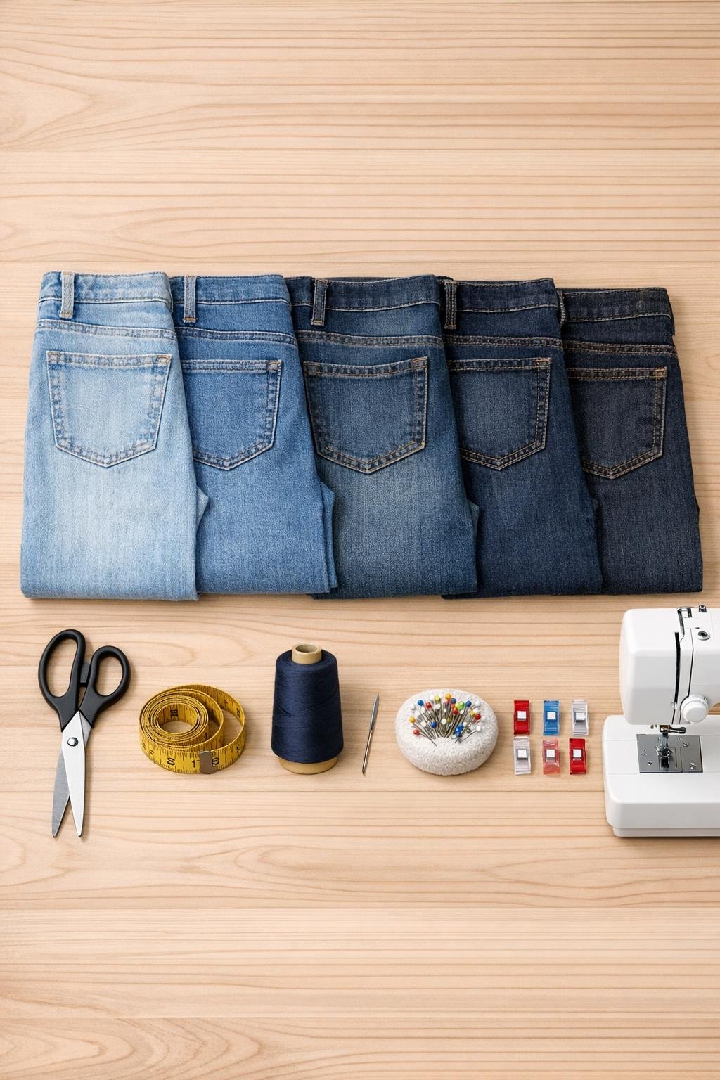 Materials for making a braided denim boot mat laid out neatly