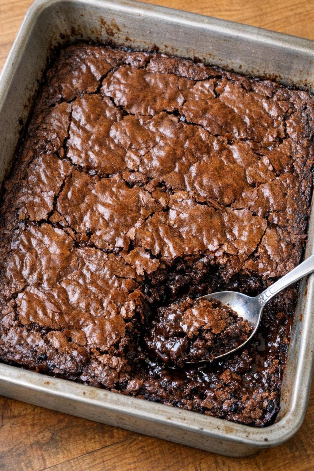 Finished warm brownie dessert in a roasting pan