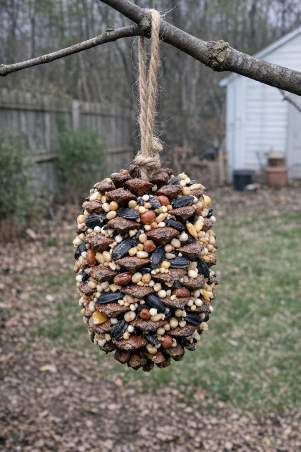 Pine cone bird feeder coated with seed and hung on twine