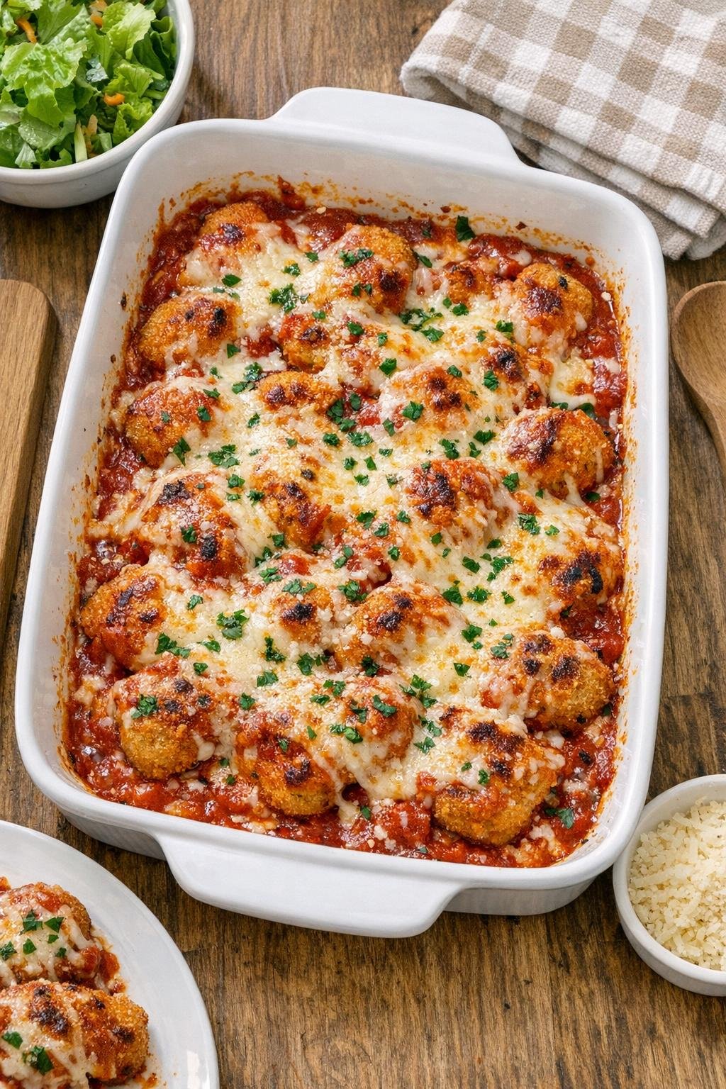 Finished baked chicken nugget casserole in a ceramic baking dish