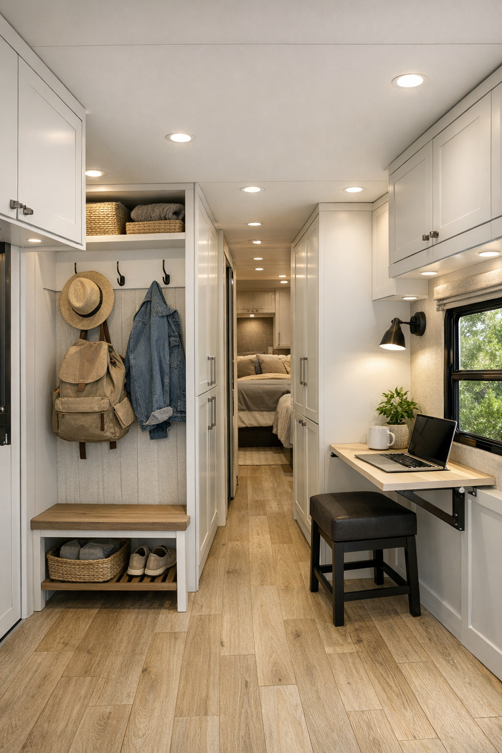 Accessible RV hallway and multipurpose area with flush storage, fold-down desk, and soft lighting