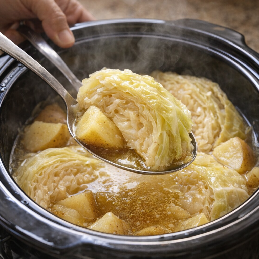 Cooked cabbage and potatoes being served from the slow cooker