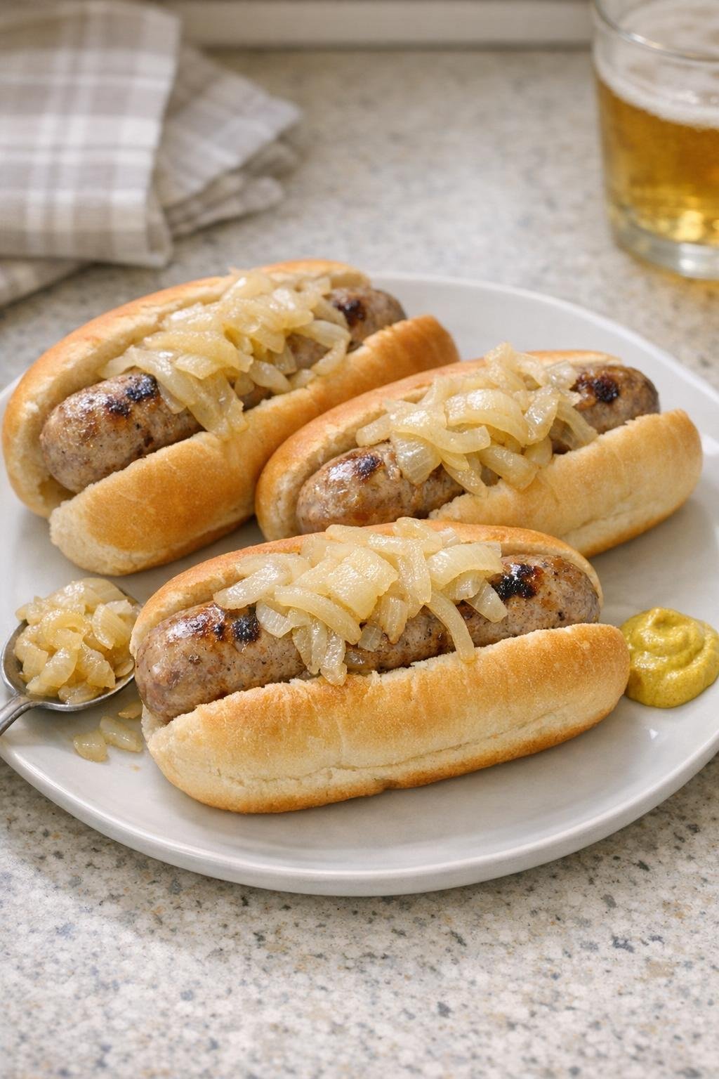 Finished beer brats on buns with onions