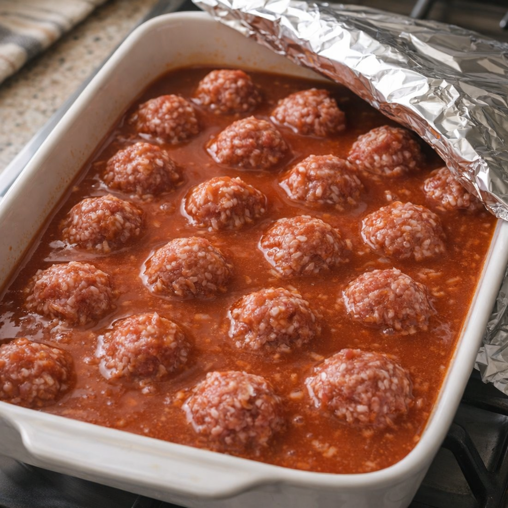 Unbaked porcupine meatballs covered in tomato sauce before baking