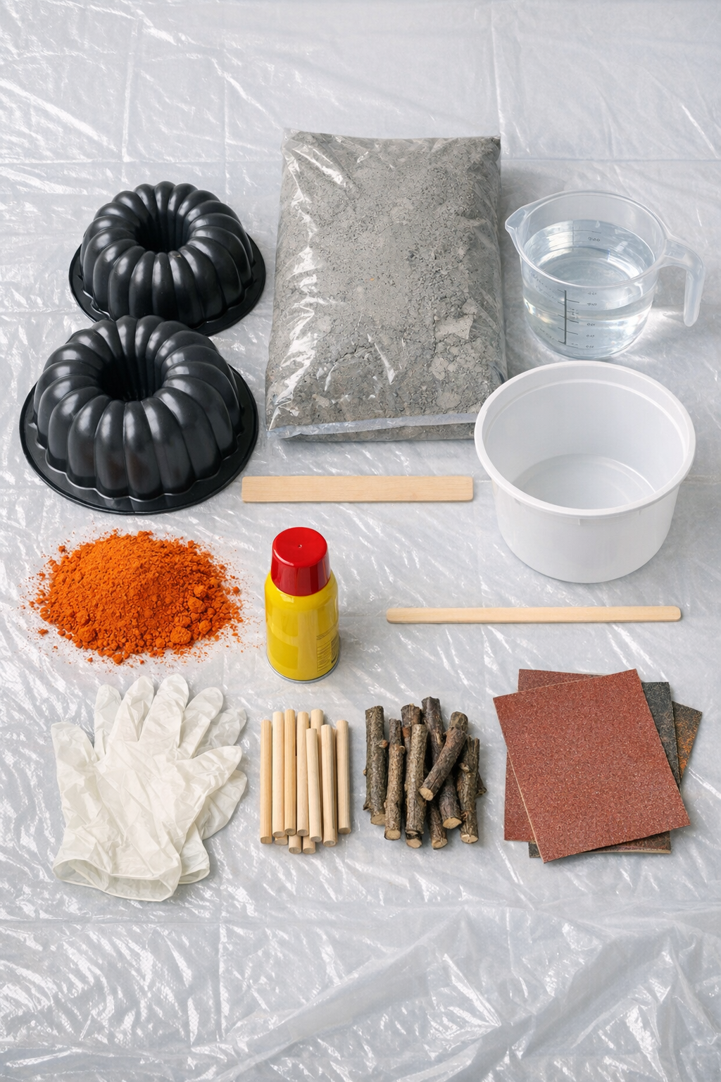 Materials for making scalloped cement garden pumpkins laid out on a work surface