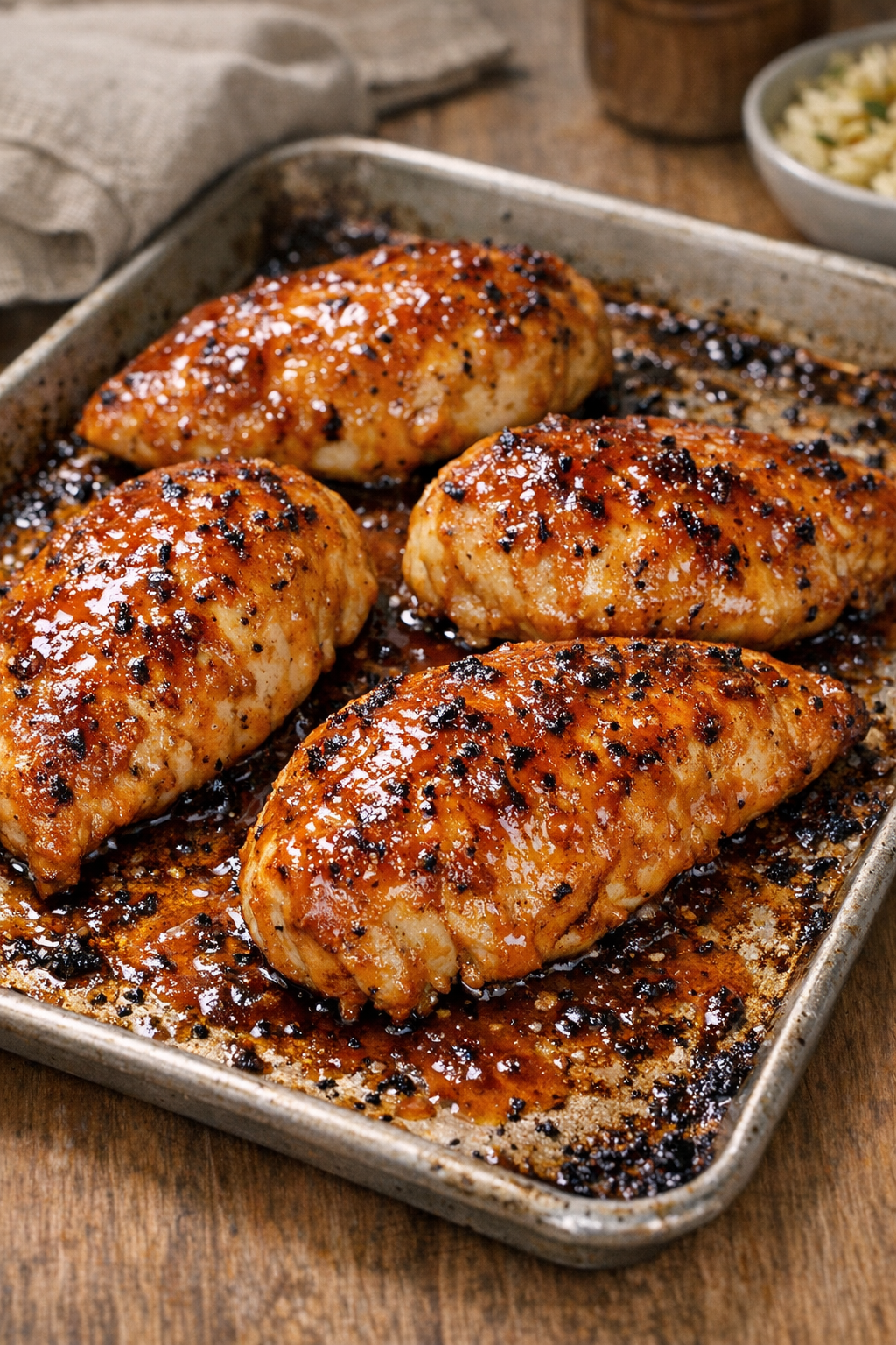 Baked glazed chicken breasts on a sheet pan