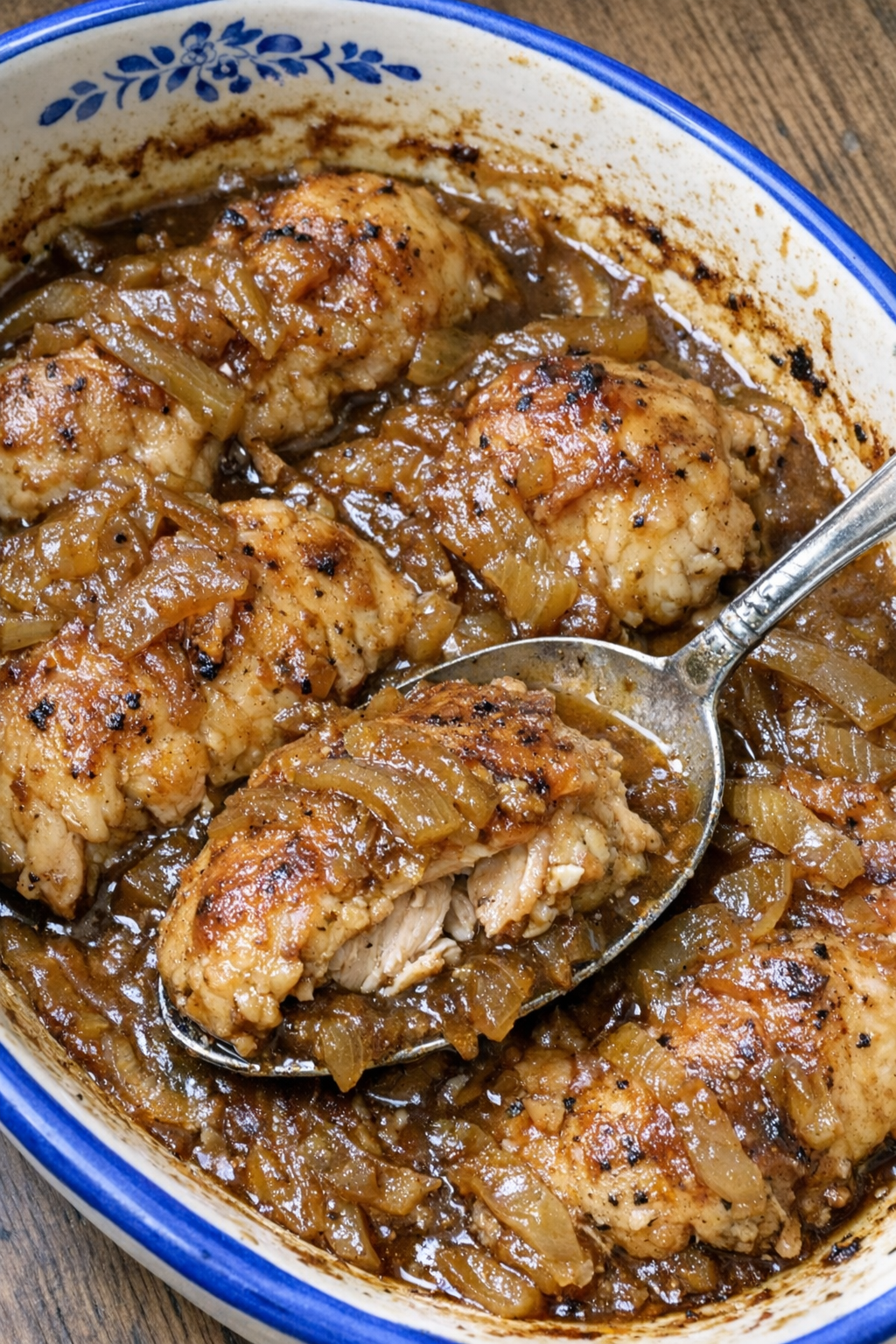 Tender chicken in brown gravy with caramelized onions
