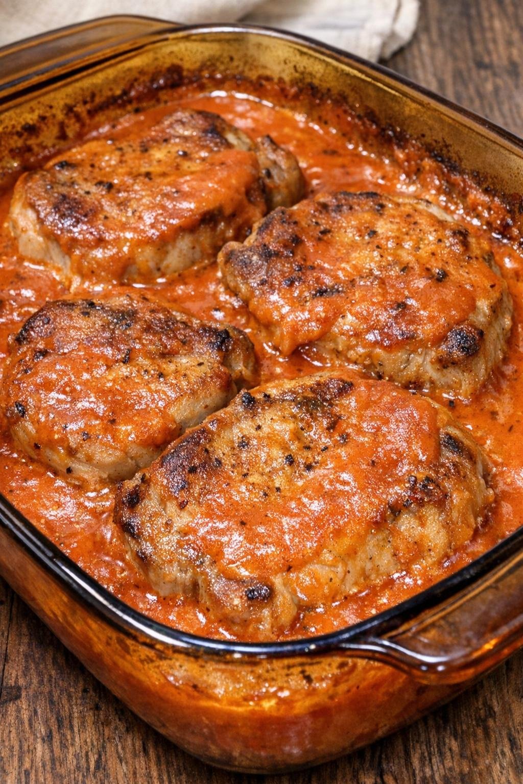 Pork chops baked in tomato cream sauce in a vintage amber casserole dish