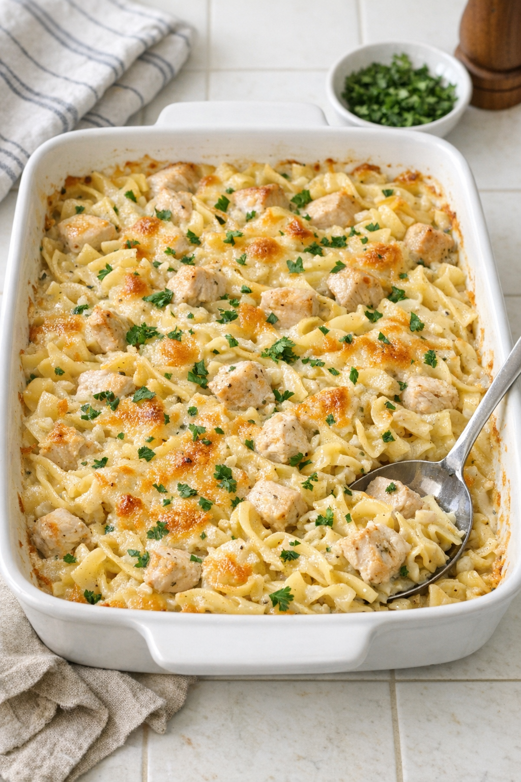 Finished Amish chicken noodle bake in a ceramic baking dish