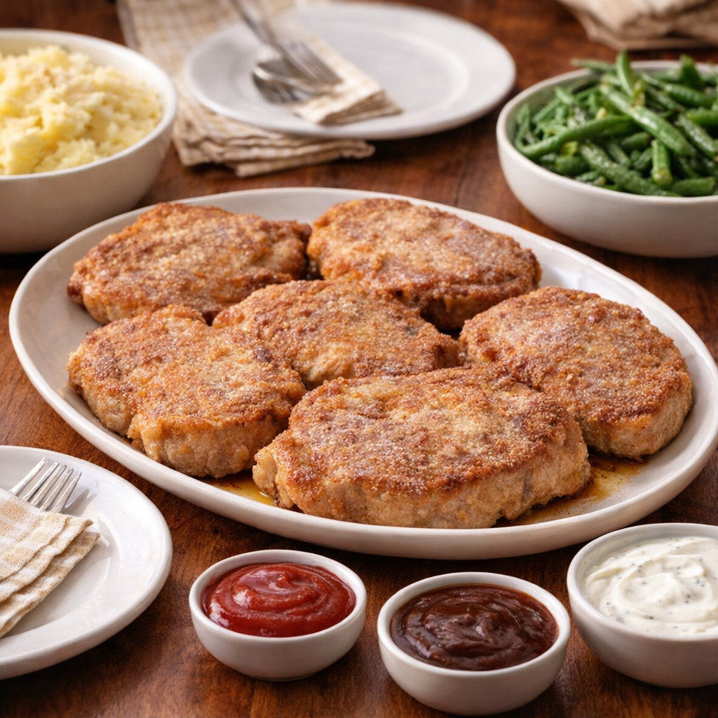 Family-style pork chop dinner with sauce options