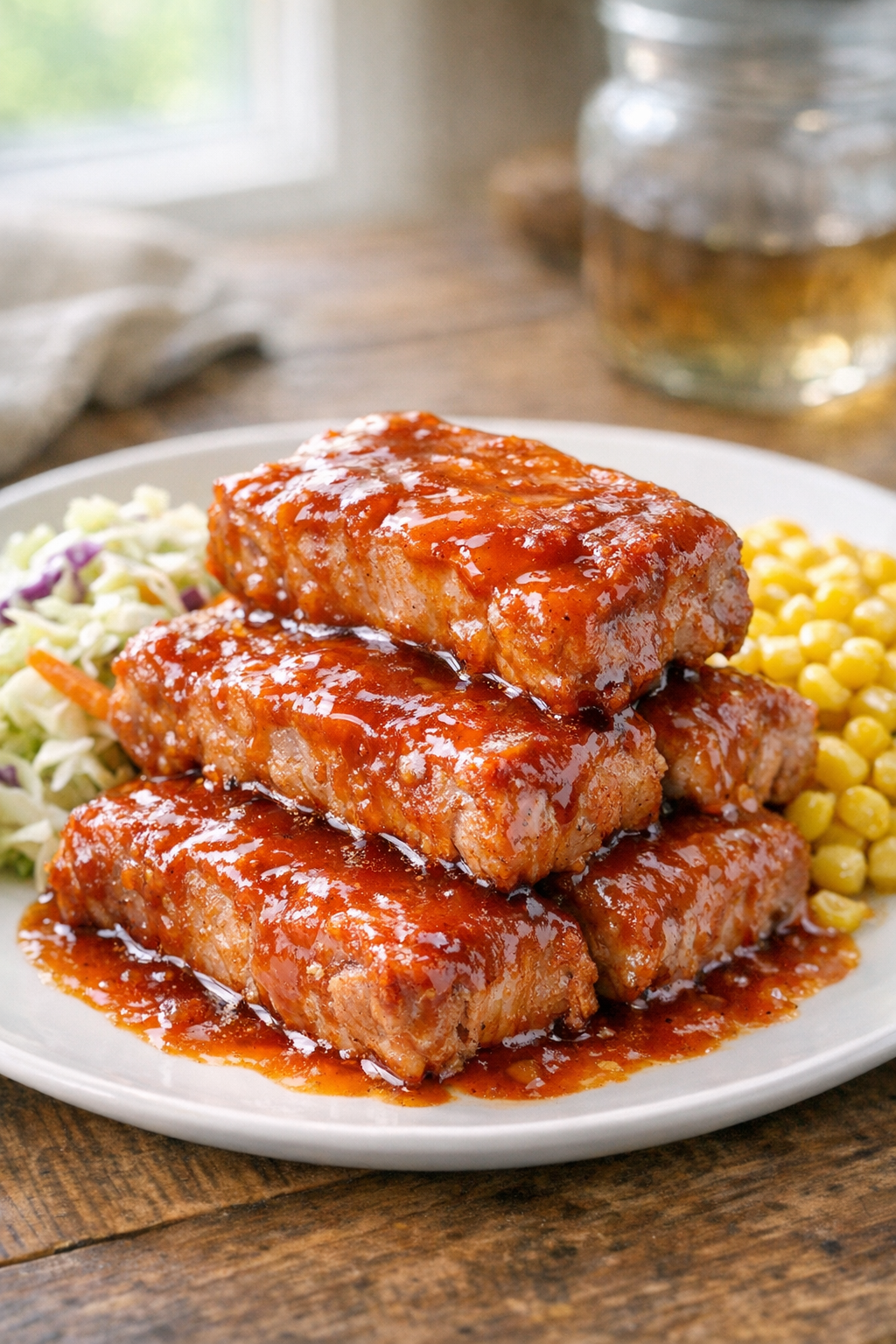 Finished slow cooker summer sunset ribs plated with sauce