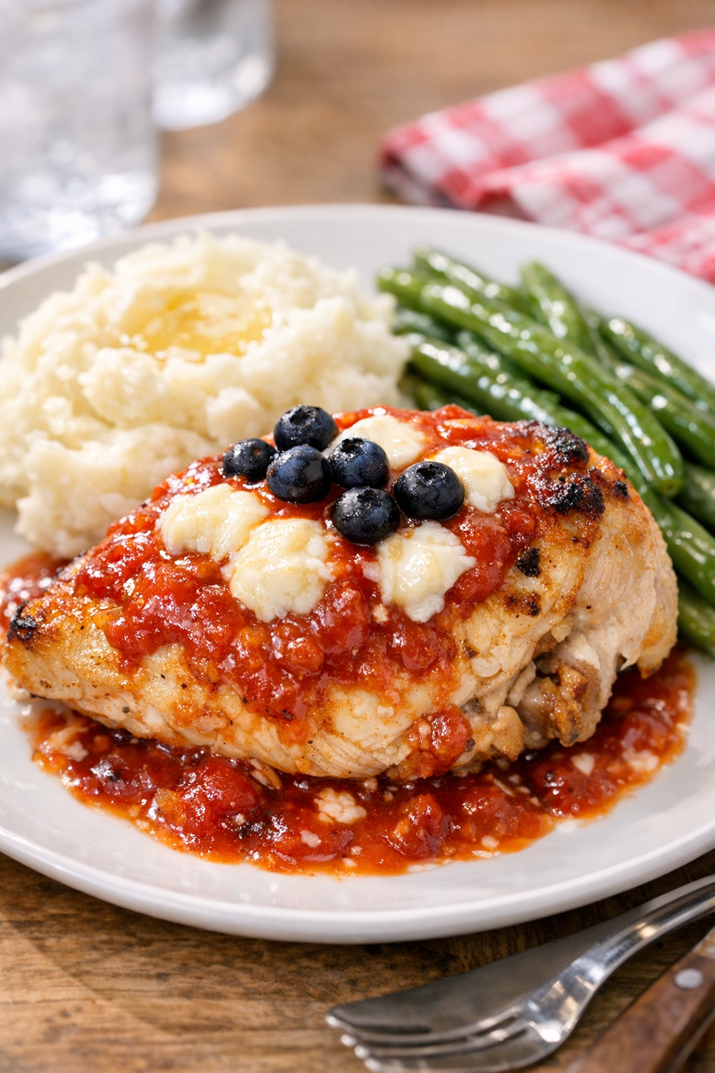 Finished red white and blue chicken bake plated for serving
