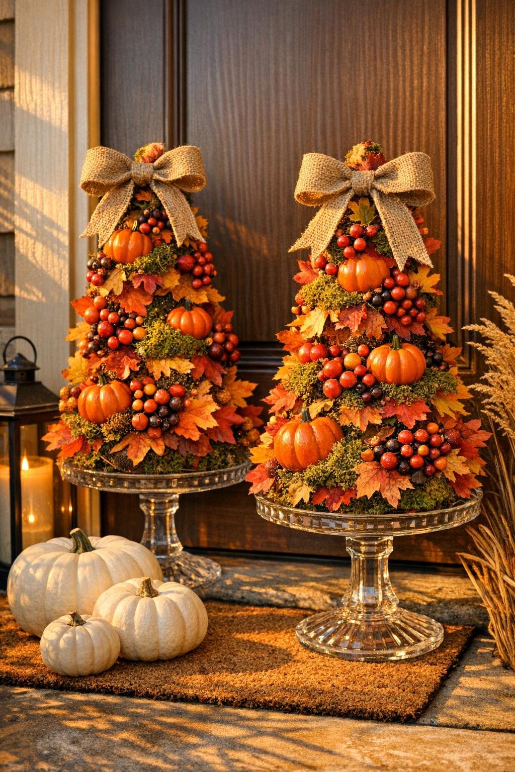 Finished autumn topiary pair on glass cake stands styled by a front door
