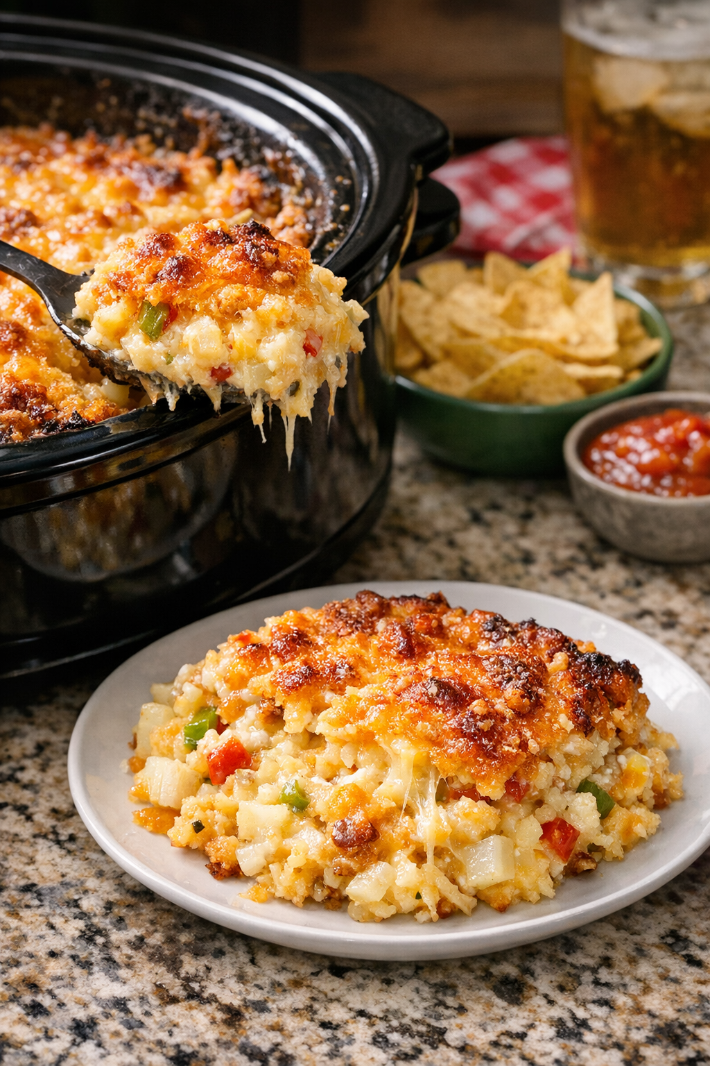 Finished cheesy hash brown casserole served from a black slow cooker