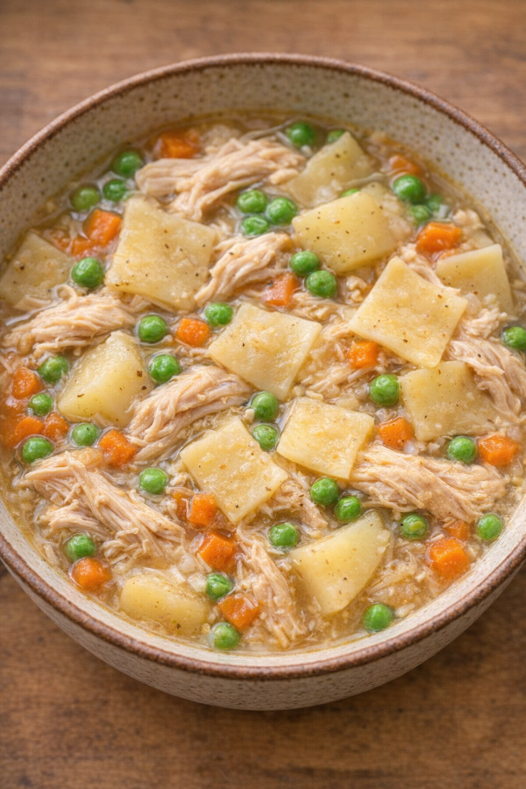Bowl of chicken pot pie with peas and carrots variation