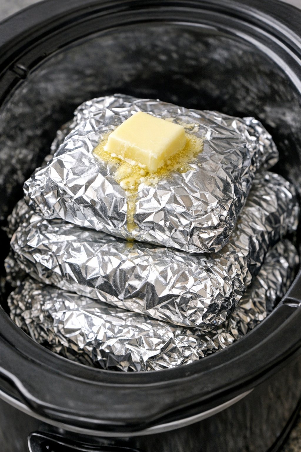Slow cooker foil packet pasta dinners stacked in a black slow cooker