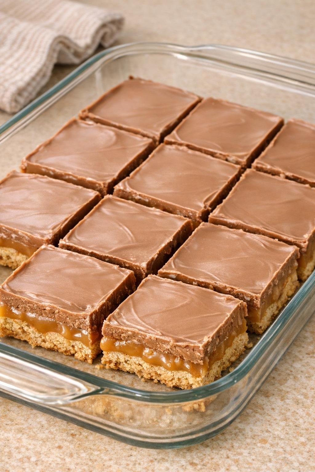 Caramel graham bars topped with milk chocolate