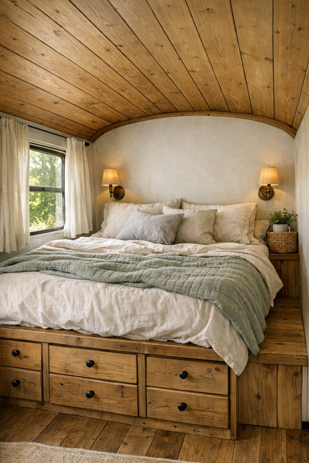Cozy bus bedroom with platform bed, linen bedding, and warm wood ceiling