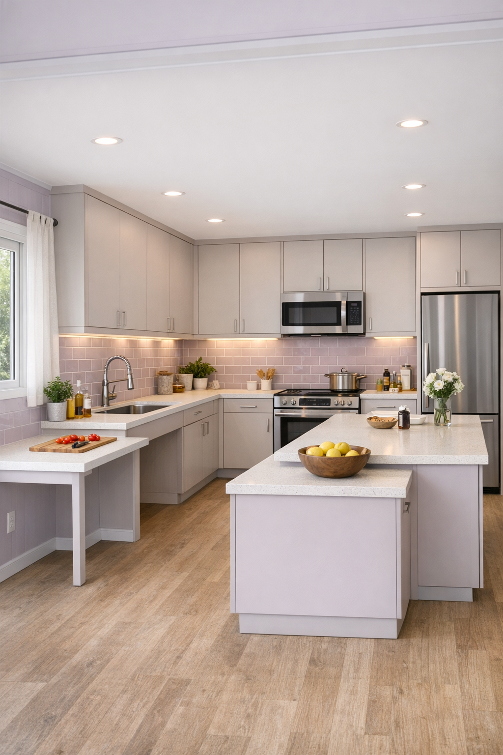 Accessible modern kitchen with pale cabinetry, lilac tile backsplash, and quartz counters