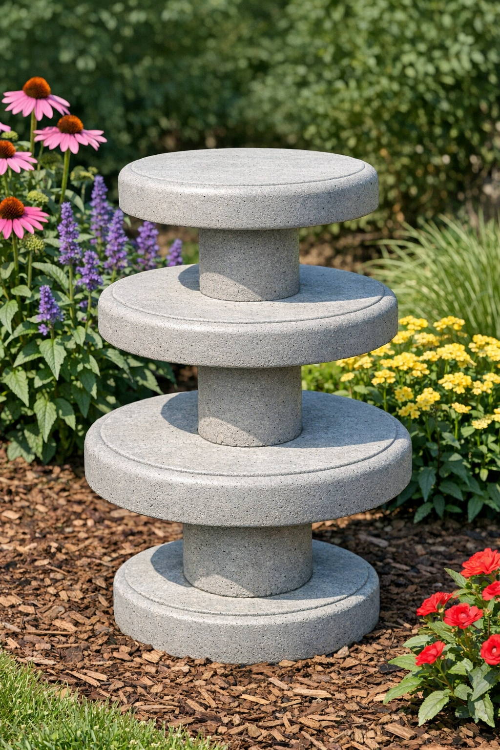 Finished tiered cement garden pillar made from frisbee molds in a garden setting