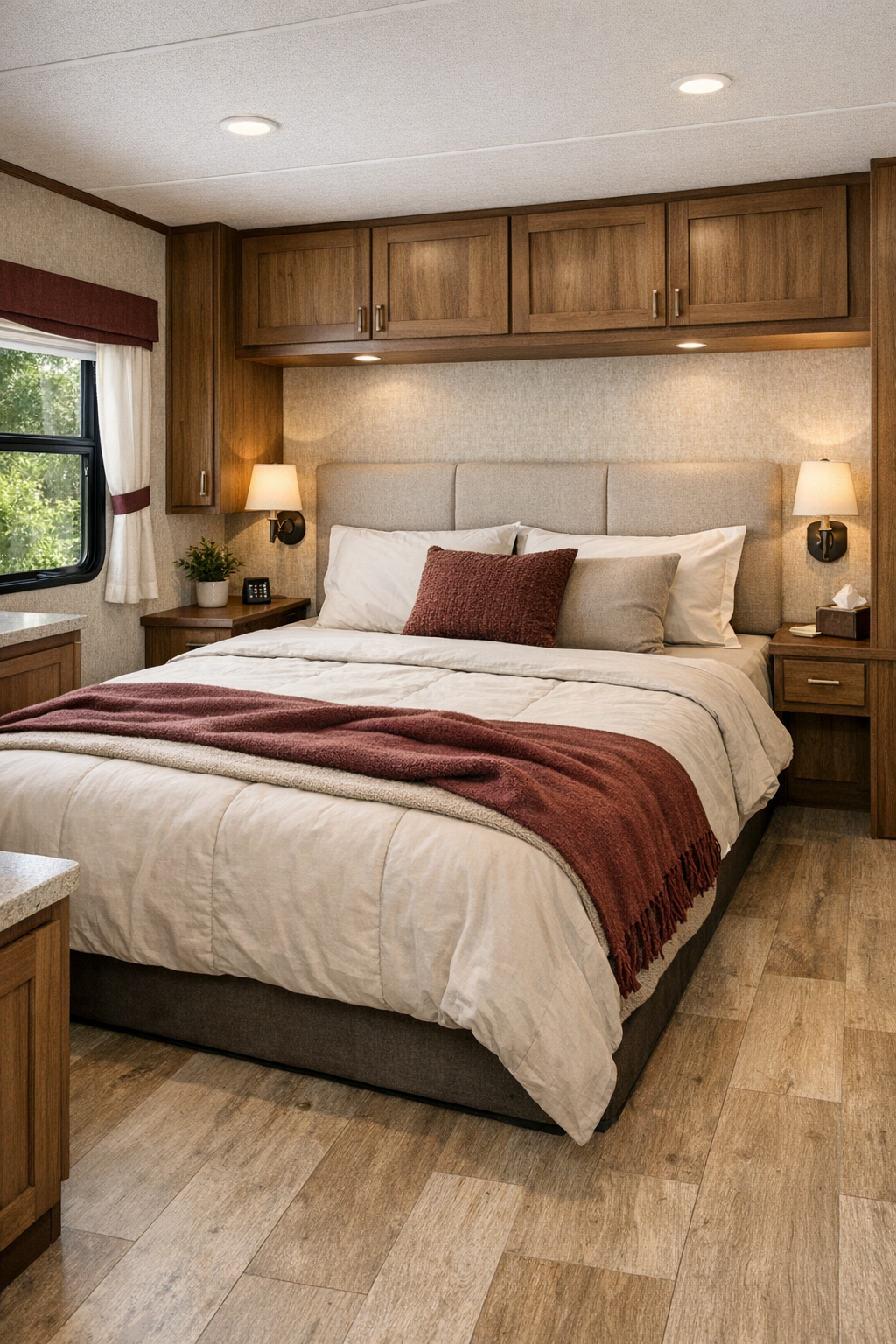Accessible RV bedroom with low-profile bed, warm wood built-ins, and soft neutral textiles