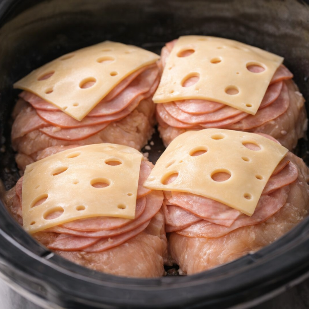 Ham and Swiss layered over chicken in the slow cooker