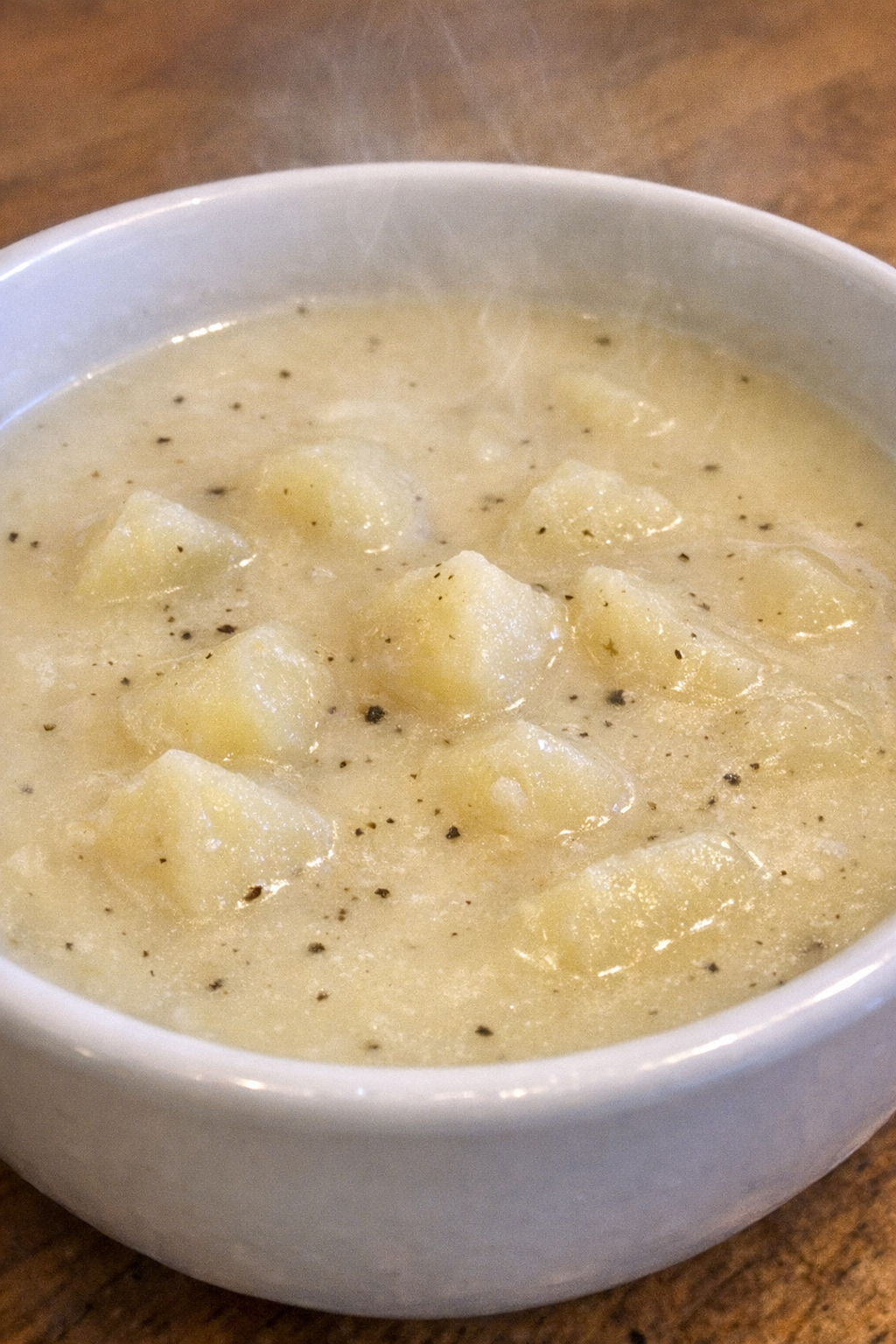 3-ingredient potato soup in a white ceramic bowl