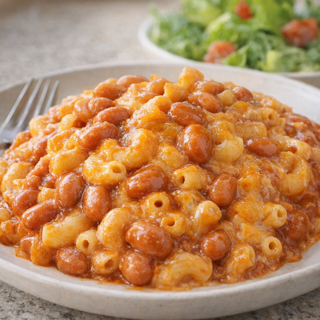 Served scoop of cowboy macaroni on a plate