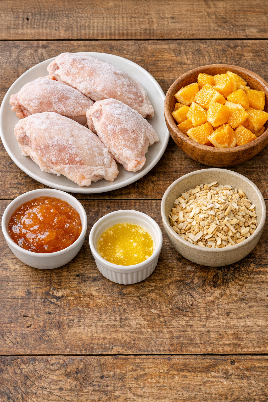Finished baked jubilee chicken plated with orange pieces and pan glaze