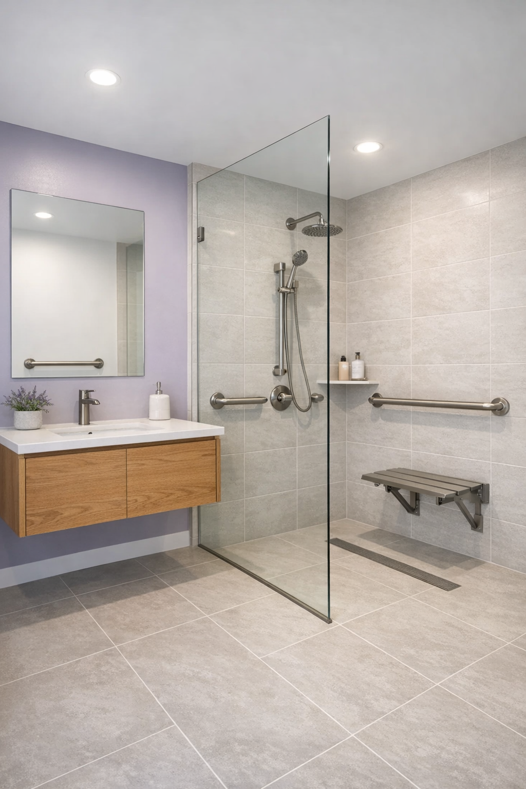 Bright accessible bathroom with curbless shower, oak vanity, and pale tile
