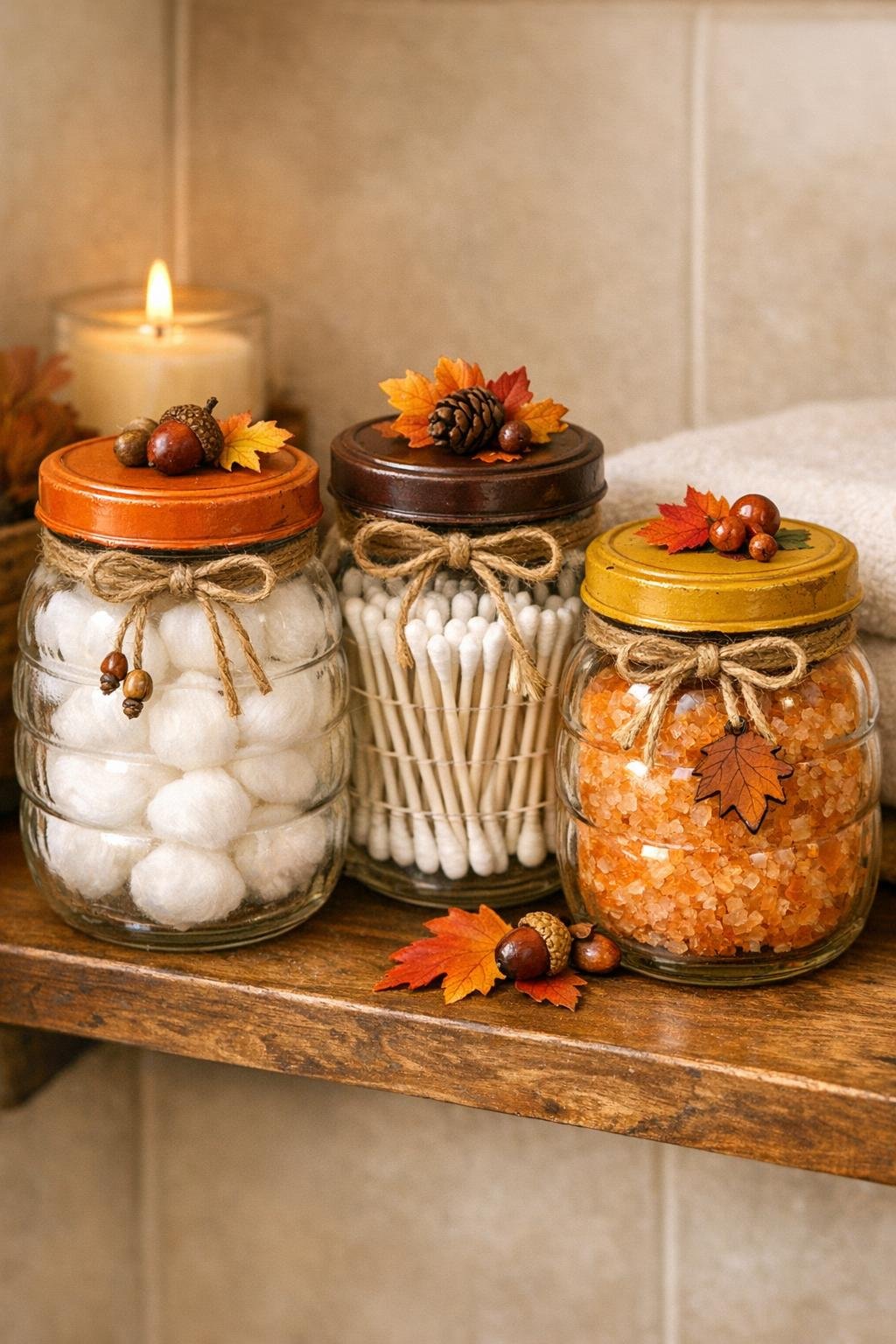 Finished fall bathroom canisters made from old honey jars