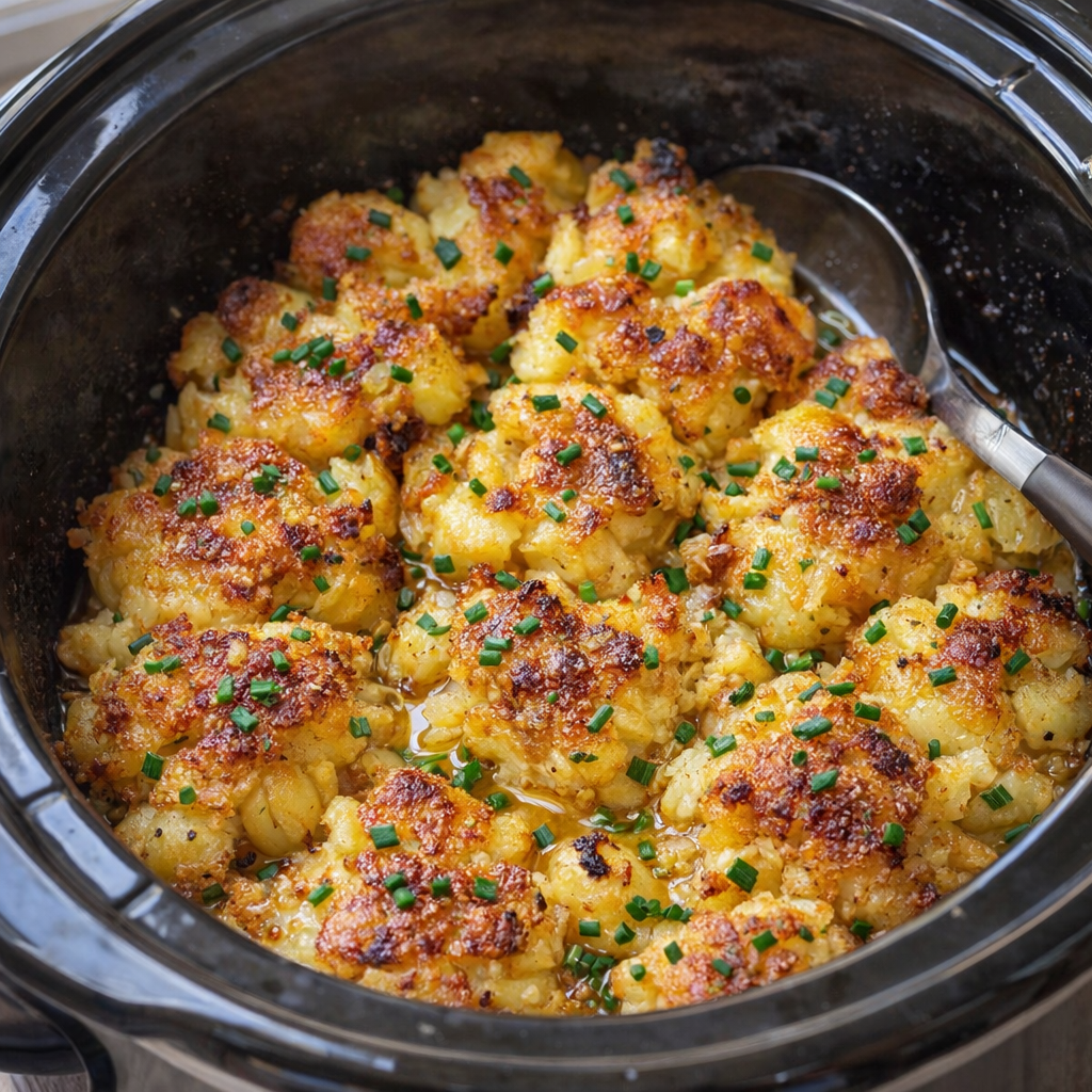 Slow cooker smashed potatoes with golden edges in a crock