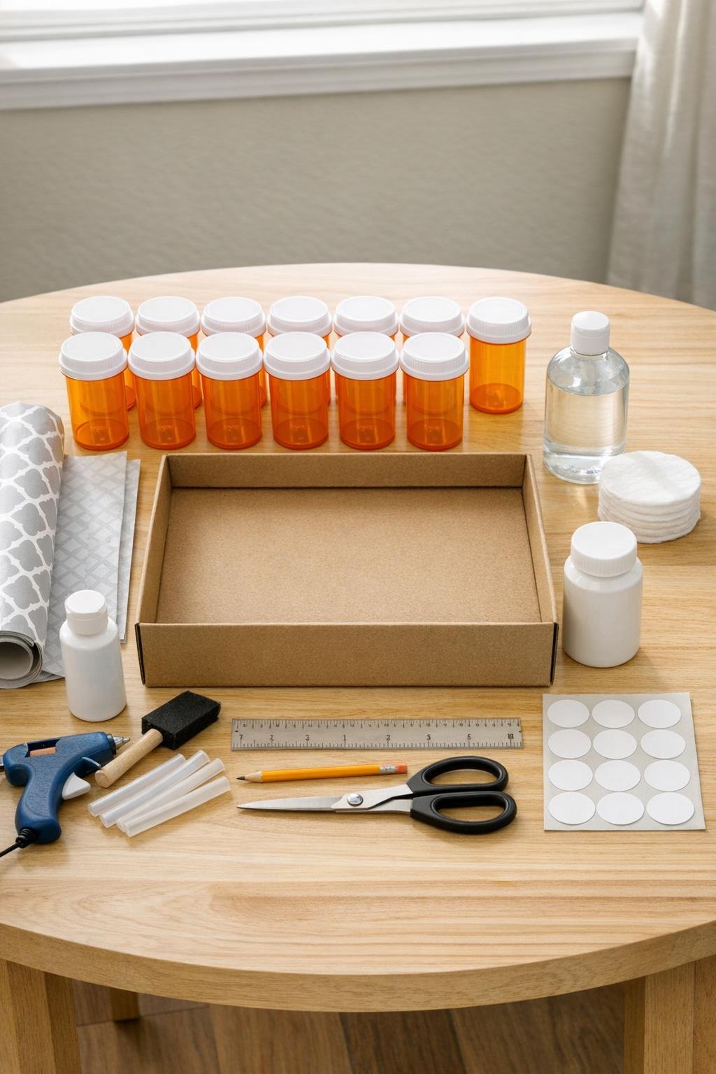 Materials for making a pill bottle spice rack organizer laid out on a table