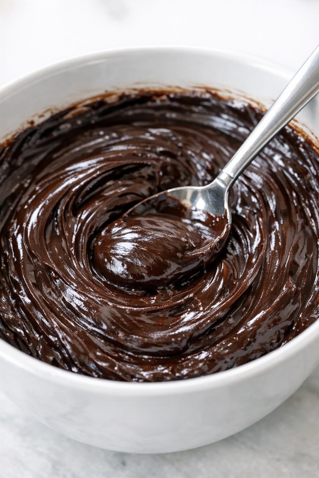 Glossy chocolate ganache in a bowl